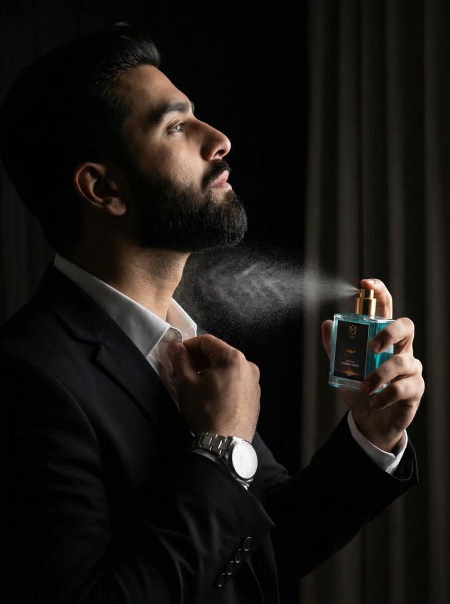 Persona aplicando perfume en el cuello